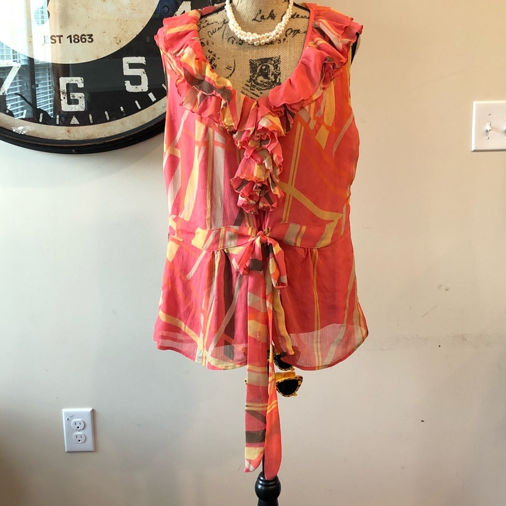 Ashley Stewart Gold and Orange Ruffled Tie Front Blouse